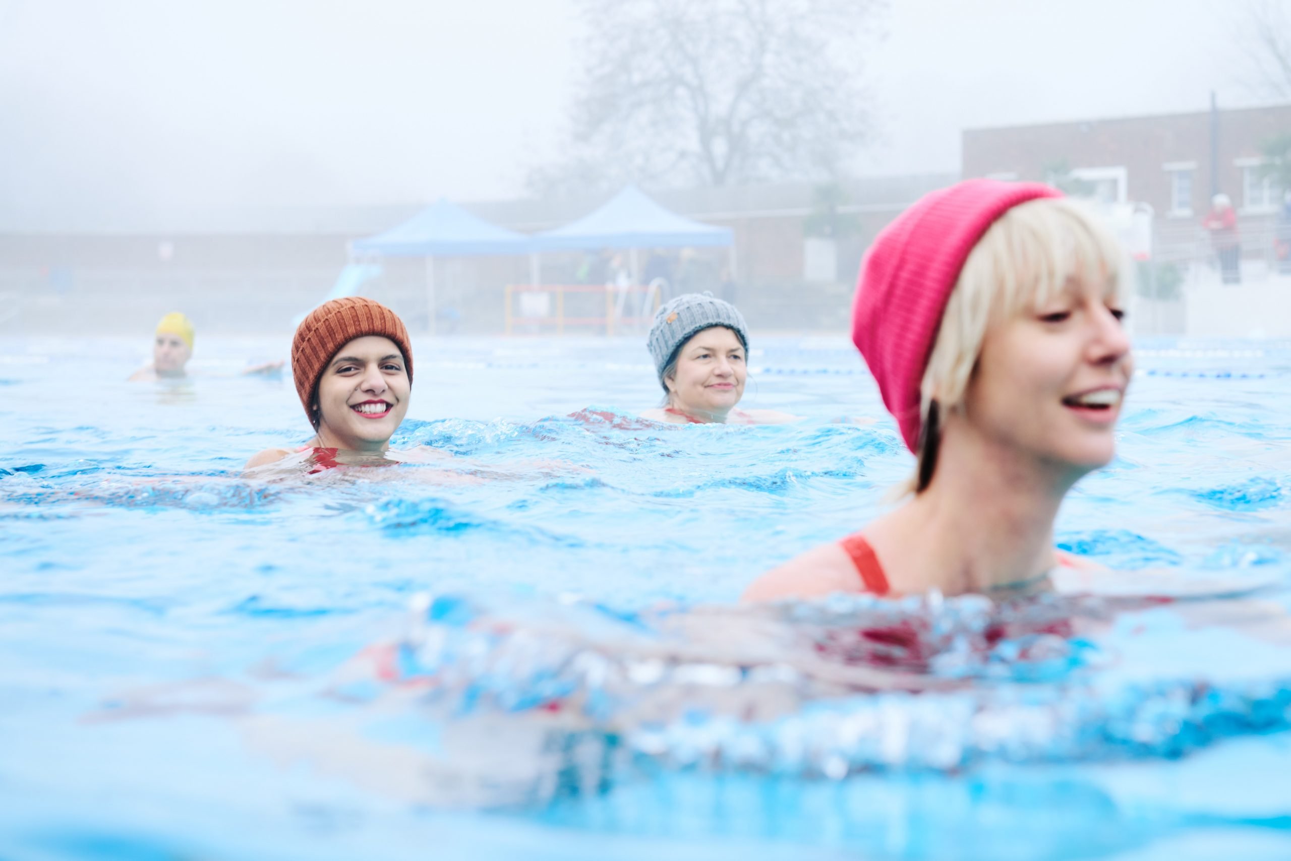 Swimmers take a dip in the cold water