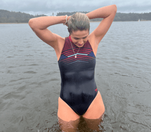 Becca in the ocean after a cold swim