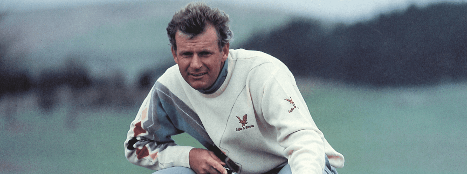Sandy Lyle, wearing Lyle & Scott, weighs up a shot at the 1992 Open Championship