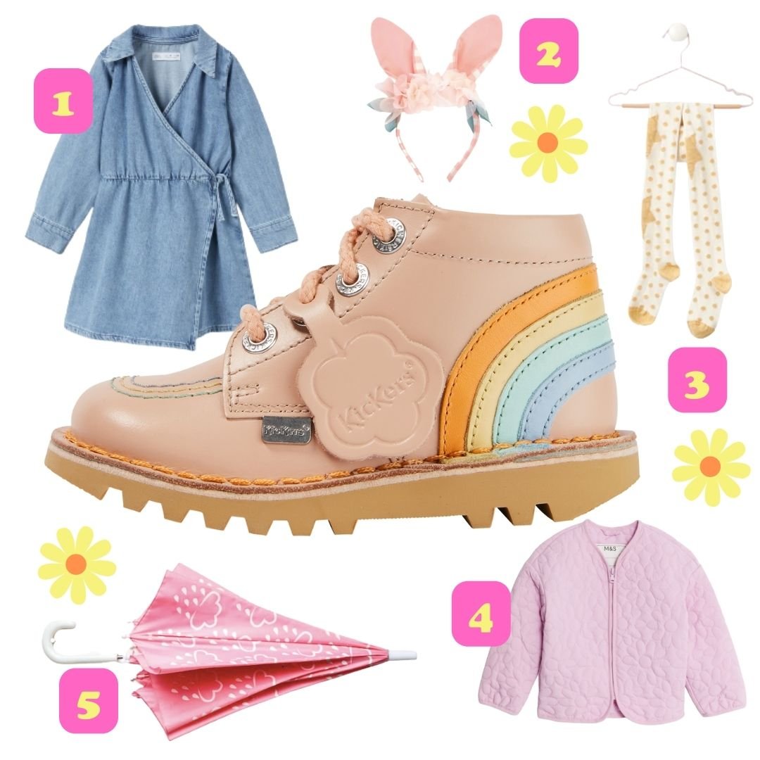 Our Spring Look featuring a denim dress, pink coat and Kickers shoes