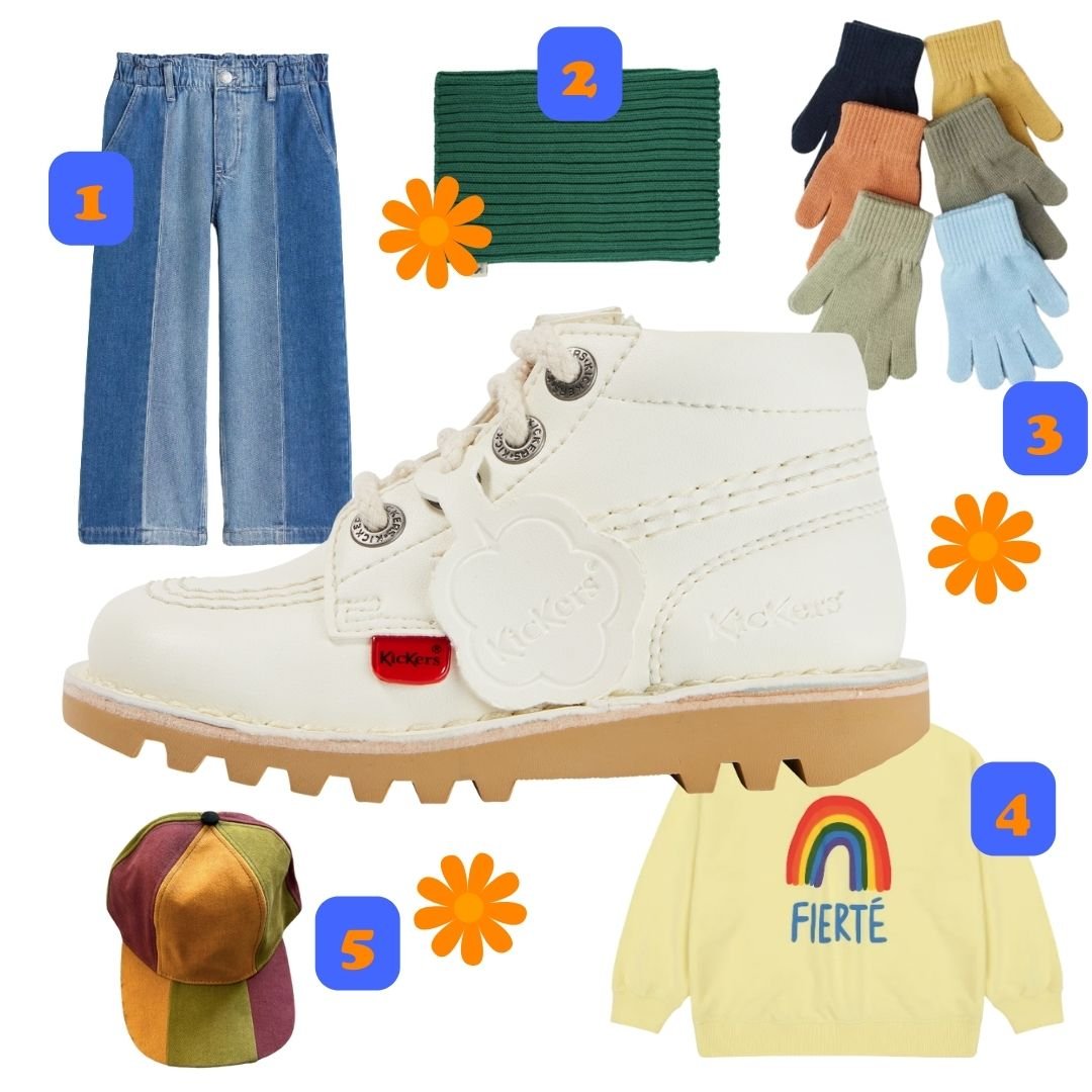 Kickers Spring look featuring Kickers shoes, blue jeans, a green snood and multicoloured gloves