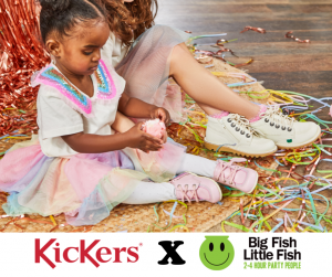 Image showing Kickers and Big Fish Little Fish collaboration and two children wearing Kickers shoes surrounded by confetti