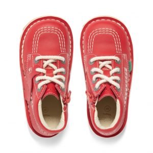 Overhead image of a pair of red Kickers shoes against a white background
