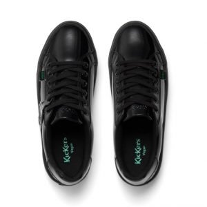 Overhead image of pair of black patent Kickers school shoes