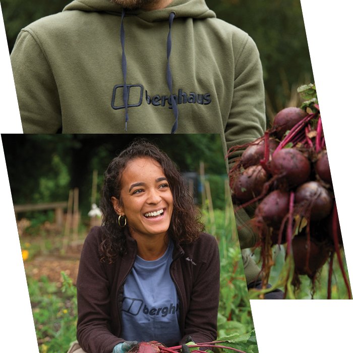 Woman smiles in blue Berghaus t-shirt