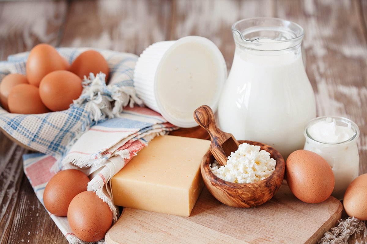 cheese, milk, eggs and yoghurt on chopping board 