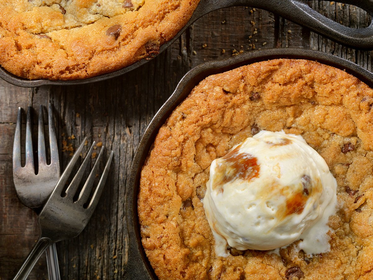 skillet chocolate chip cookie served with ice cream 
