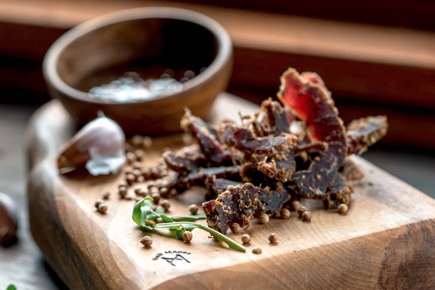 Biltong on wooden board