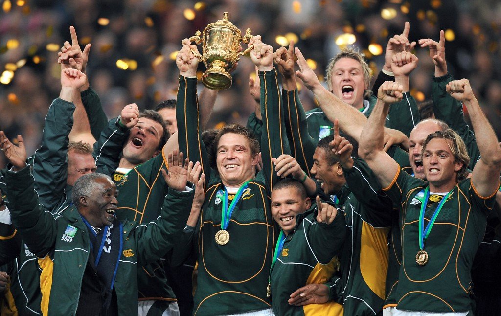 South African rugby players celebrating victory