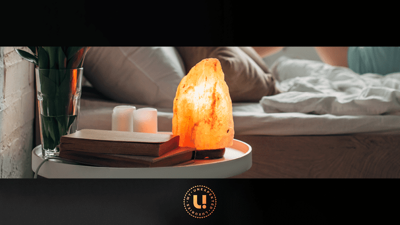 salt lamp on bedside table