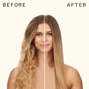 before and after of woman with curly hair which is now straight