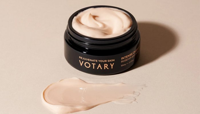 An open tub of Votary's Intense Overnight Mask