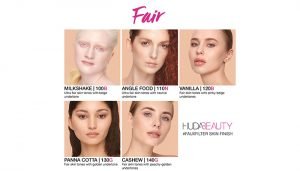 5 fair models wearing different shades of Huda Beauty Faux Filter Foundation