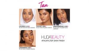 4 models wearing different tan shades of Huda Beauty Faux Filter Foundation