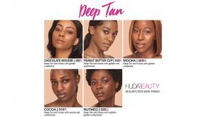 5 models wearing different shades of deep tan in Huda Beauty Faux Filter Foundation