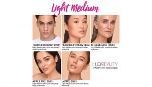 Five models wearing different light medium shades of Huda Beauty Faux Filter Foundation