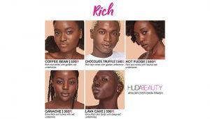 5 models wearing different rich shades of Huda Beauty Faux Filter foundation