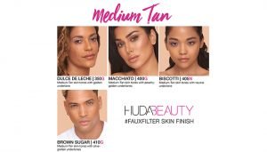 4 models wearing different medium tan shades of Huda Beauty Faux Filter Foundation