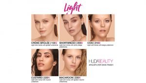 five head shots of different models all with Light complexions using Huda Beautys faux filter foundation