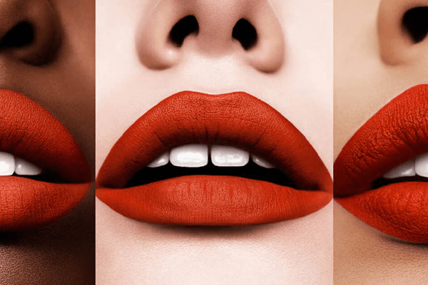 A landscape collage image zoomed in on three different skin tones pouting and wearing a bright, red-toned lipstick. 