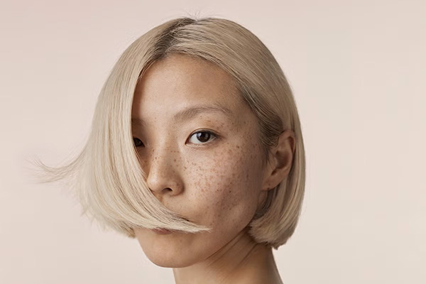 A medium shot of a female model with freckles and a blonde bob, in a studio setting in front of a pink background. 