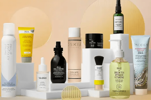 a collection of vegan skin care and hair care shot in a studio