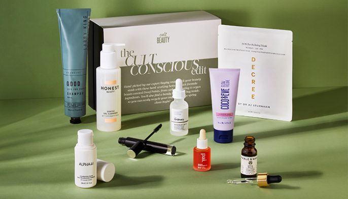 an arrangement of beauty products from the Cult Conscious Edit