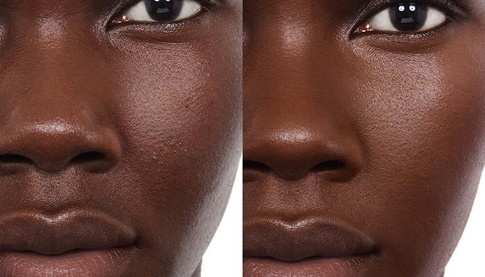 dark skinned model wearing shade Zambie in Nars sheer glow foundation