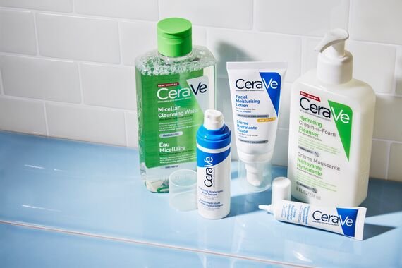 5 Cerave skin care products against bathroom tiles