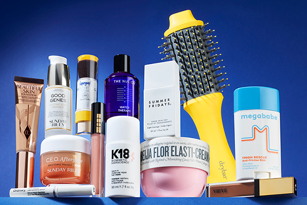 collection of the best in beauty 2022 products against a blue background