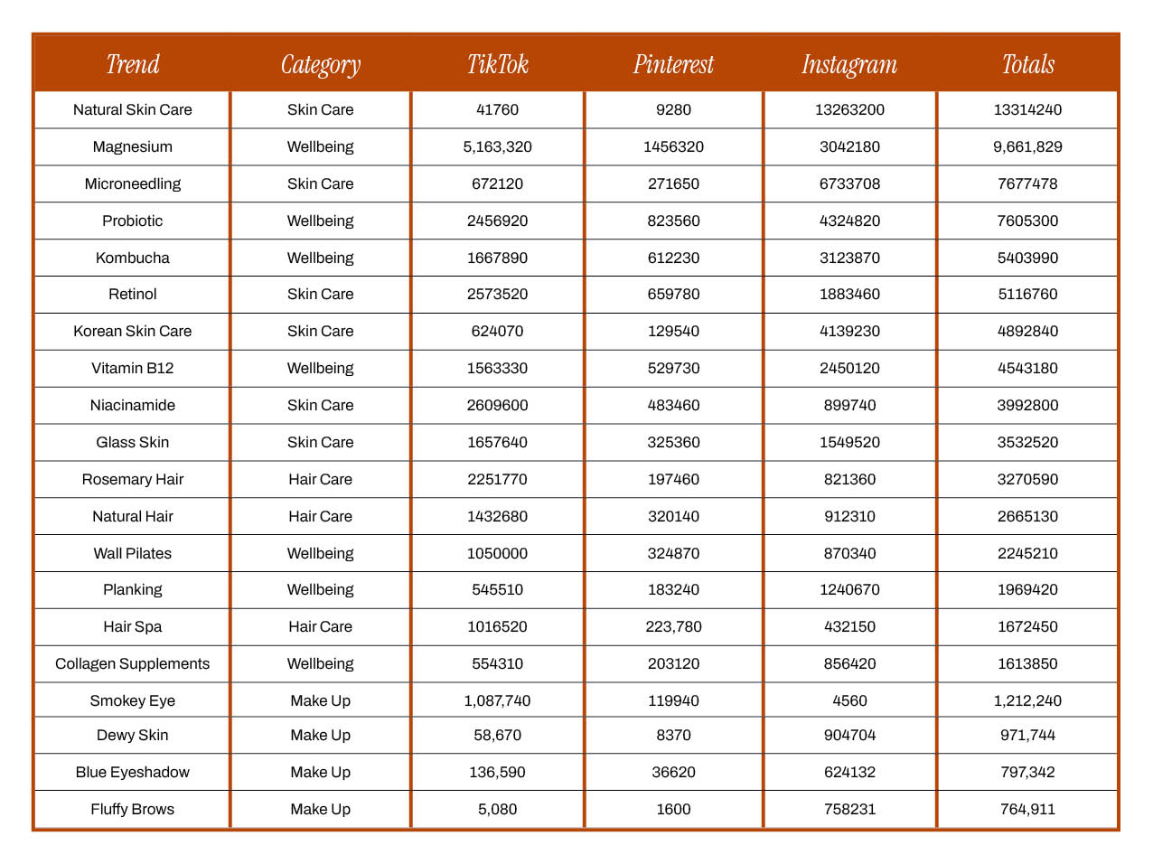 A white and burnt orange table listing the top 20 best beauty trends of 2024 showing the total social searches of each.