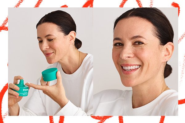 two images of Dore founder, Garance Dore. She has her hair pulled back in a bun in both images. One the left hand side she is pumping some product on her finger, on the right hand side image she is smiling at the camera