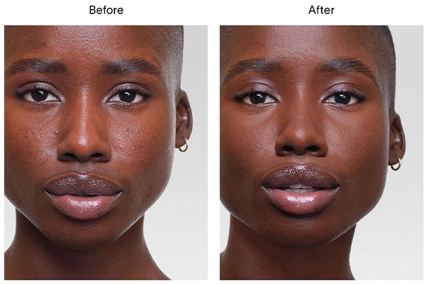 A close up of a before and after image of a female model wearing Hourglass’ Vanish Airbrush Concealer in shade Anise. 