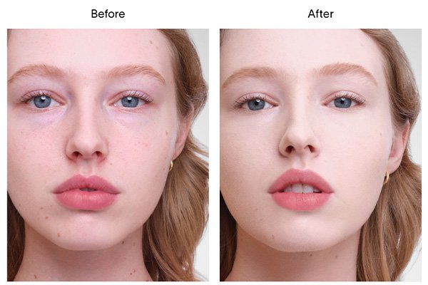 A close up of a before and after image of a female model wearing Hourglass’ Vanish Airbrush Concealer in shade Birch. 