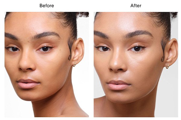 A close up of a before and after image of a female model wearing Hourglass’ Vanish Airbrush Concealer in shade Dune. 