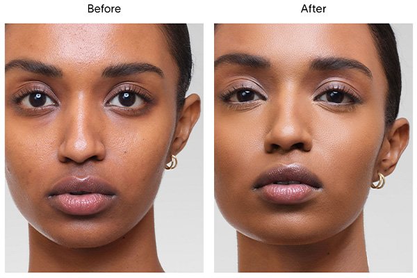 A close up of a before and after image of a female model wearing Hourglass’ Vanish Airbrush Concealer in shade Maple. 