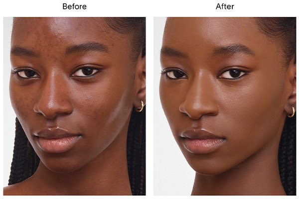 A close up of a before and after image of a female model wearing Hourglass’ Vanish Airbrush Concealer in shade Mocha. 