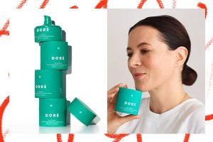 two images side by side. On the left hand side are 4 dore products stacked on top of eachother, on the left hand side is the founder of the brand Garance Dore holding a green packaged product looking off to the side