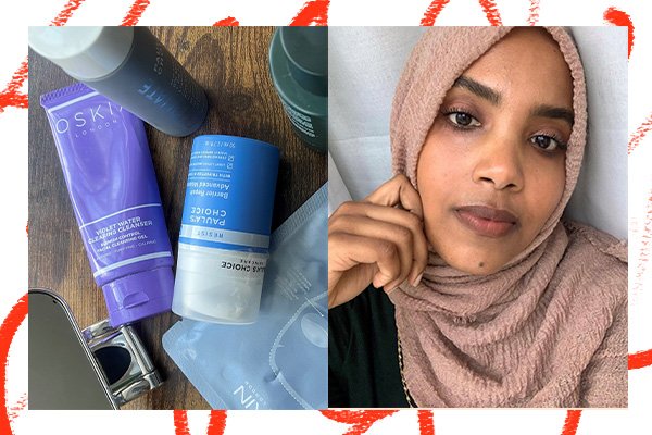 Two pictures one of a muslim woman Zeynab Mohamed wearing abrown headscarf and looking into the camera, the other image a collection of skin care products