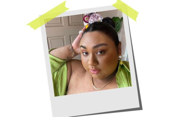 A polaroid of influencer Miah Carter looking into the camera in a bedroom setting. 