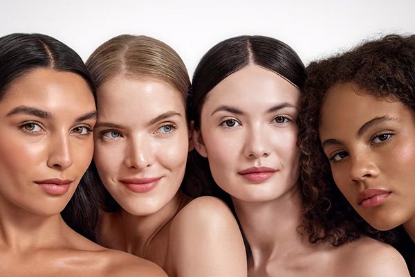 A close up shot of four female models wearing tinted moisturiser on their face in a studio setting in front of a white background.