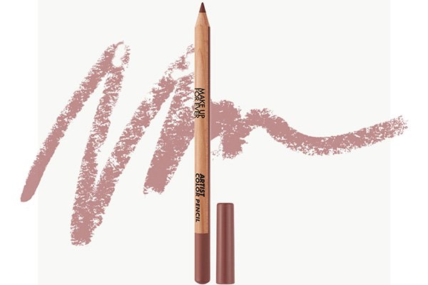 a lip line from make up for ever in a nude shade. the pencil is shot against a scribble showing the nude shade of the pencil