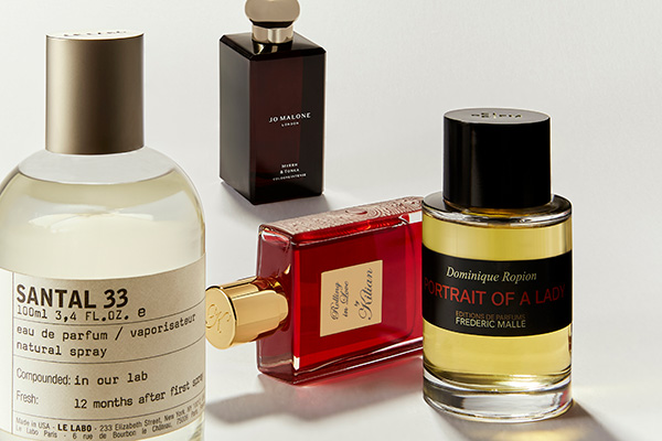 A products shot of four of the bestselling perfumes, organised in a studio setting, in front of a white background. 