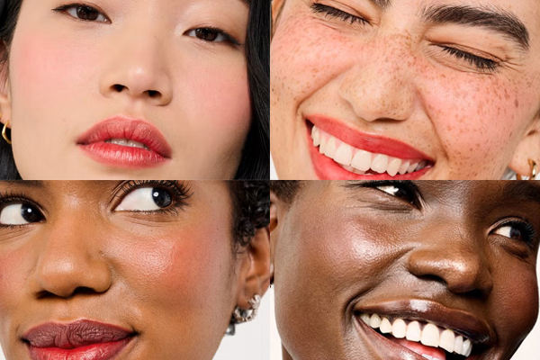 four models smiling al wearing a strawberry shade of lipstick. The model on the top right is asian with dark hair, on the top left is a model with dark eyebrows and freckles, bottom right is a mid toned model looking away and the bottom left is a deep toned model smiling broadly looking away from the camera. Shot in a studio against a white background