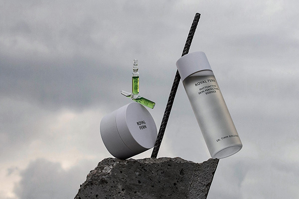 A wide, product shot of Royal Fern’s bestselling skin care balancing on rocks, in front of a skyline background with grey clouds.