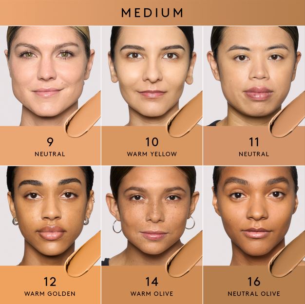 A Fenty Beauty foundation shader finder for Eaze Drop Blur + Smooth Tint Stick & Eaze Drop Blurring Skin Tint for medium tones.