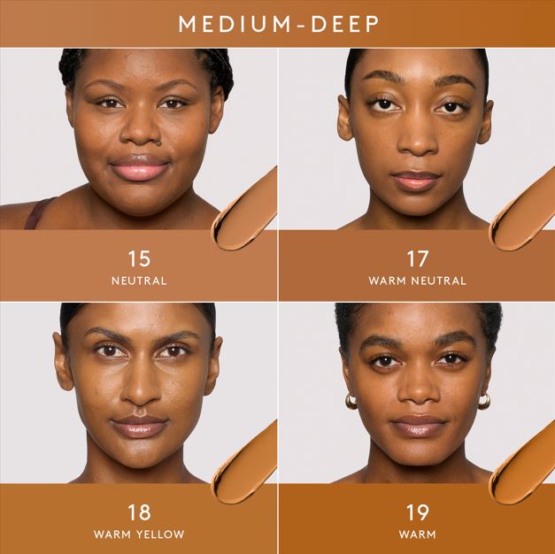 A Fenty Beauty foundation shader finder for Eaze Drop Blur + Smooth Tint Stick & Eaze Drop Blurring Skin Tint for medium to deep tones.