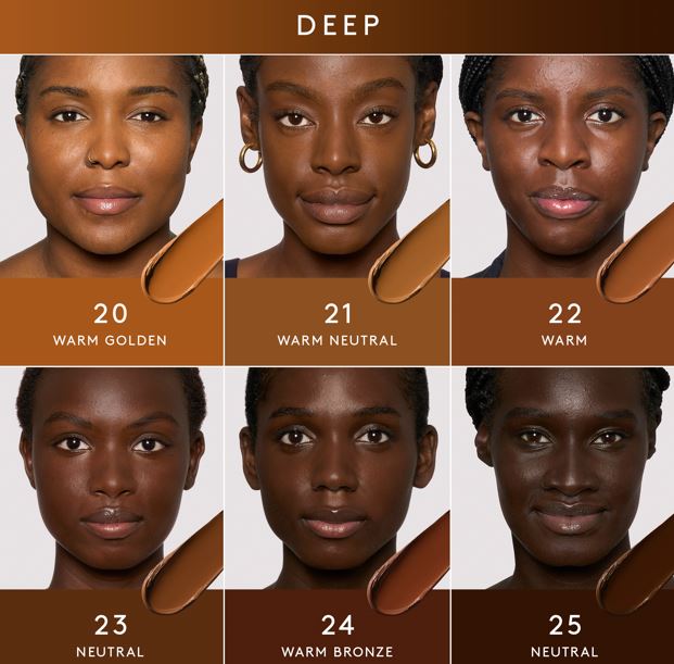 A Fenty Beauty foundation shader finder for Eaze Drop Blur + Smooth Tint Stick & Eaze Drop Blurring Skin Tint for deep tones.