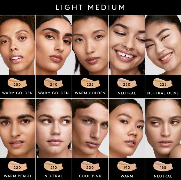 A Fenty Beauty foundation shader finder for Soft’lit Naturally Luminous Longwear Foundation for light to medium tones.