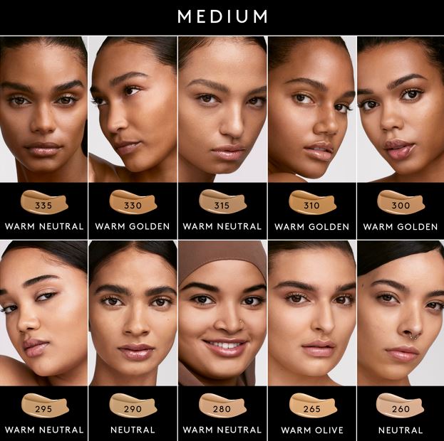 A Fenty Beauty foundation shader finder for Soft’lit Naturally Luminous Longwear Foundation for medium tones.